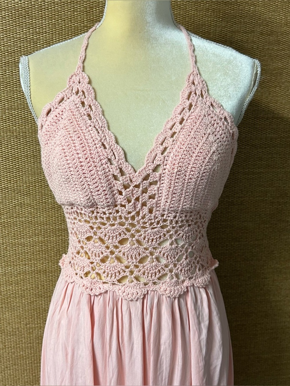 Lilbetter Maxi Dress Womens Medium Peach Crochet Halter Top Backless Boho